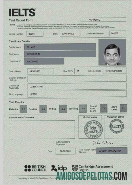 Certificado de formulário de relatório de teste IELTS exemplo real